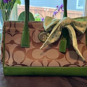 2008 Coach bag, tan with green leather trim, gently used